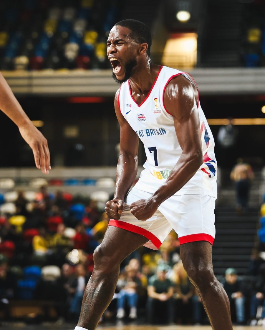 Jelani Watson-Gayle celebrating in a Great Britain national team jersey